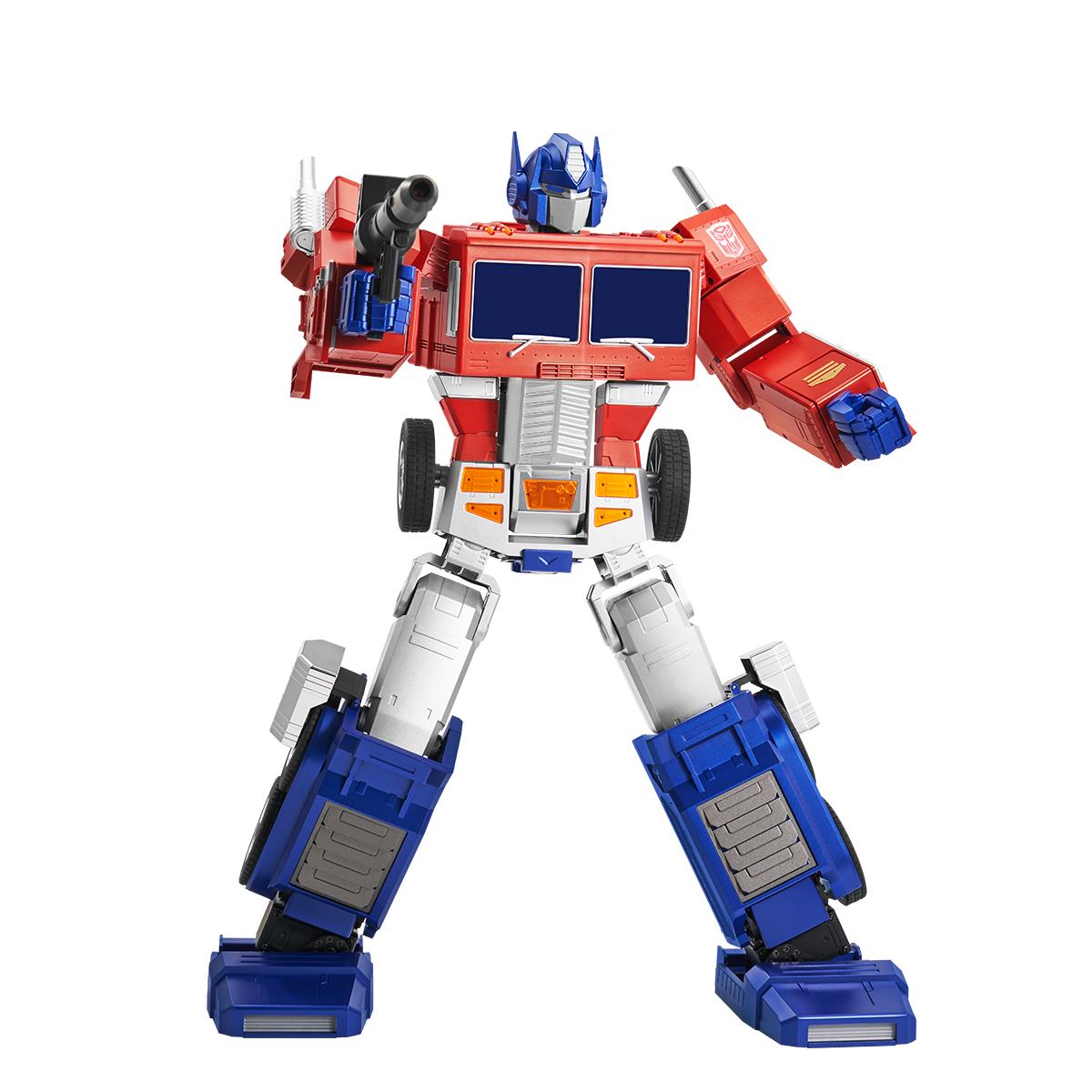 Robosen Optimus Prime collectible robot with red, blue, and white armor, standing pose