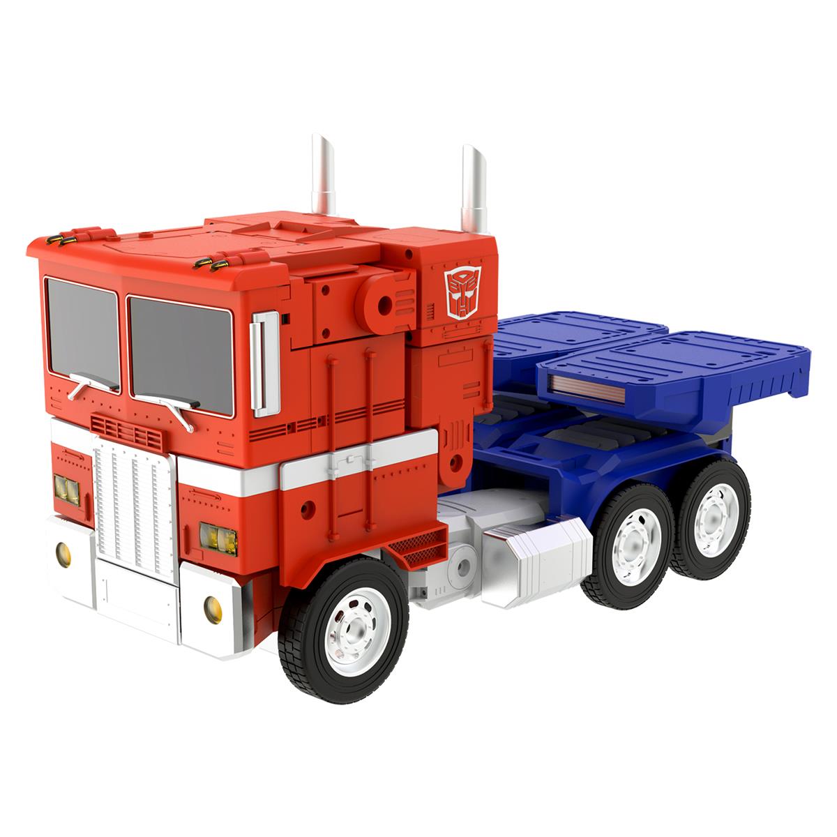 Optimus Prime truck-mode collectible robot, red cab with blue trailer and white wheels