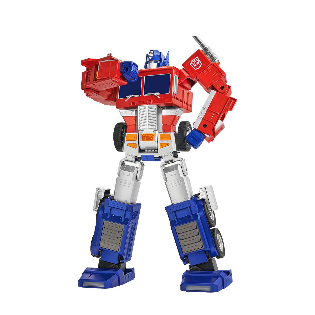 Optimus Prime robot figure with red and blue armor, white legs, raised arm accessory