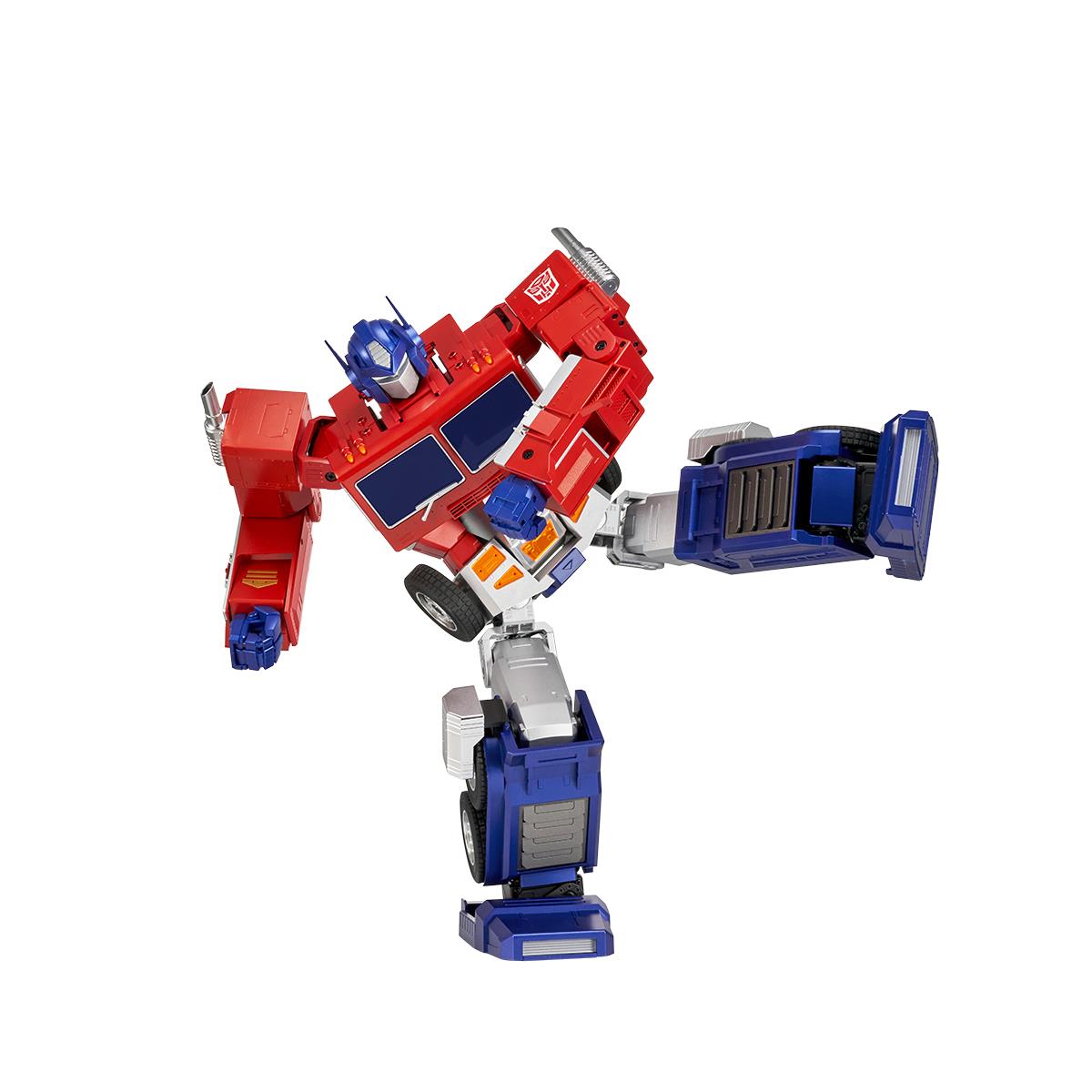 Optimus Prime robot figure in dynamic pose with extended arms, red and blue details