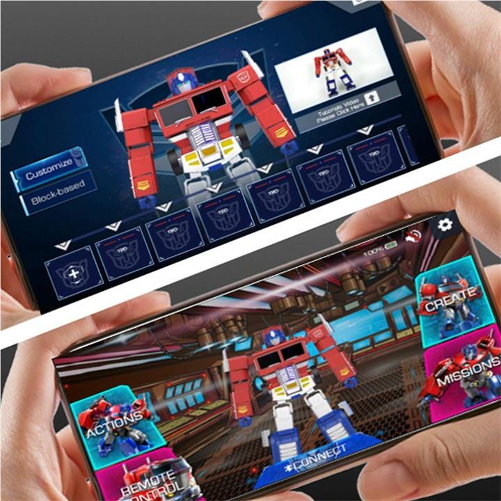 Optimus Prime remote-control app screen with customization, missions, and connect options