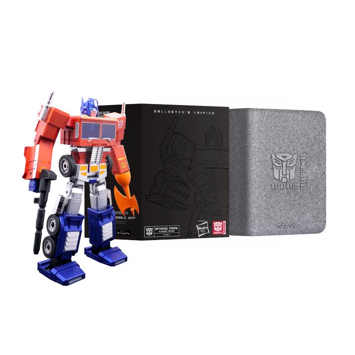 Optimus Prime collectible robot with gray carrying folio case and embossed logo on cover