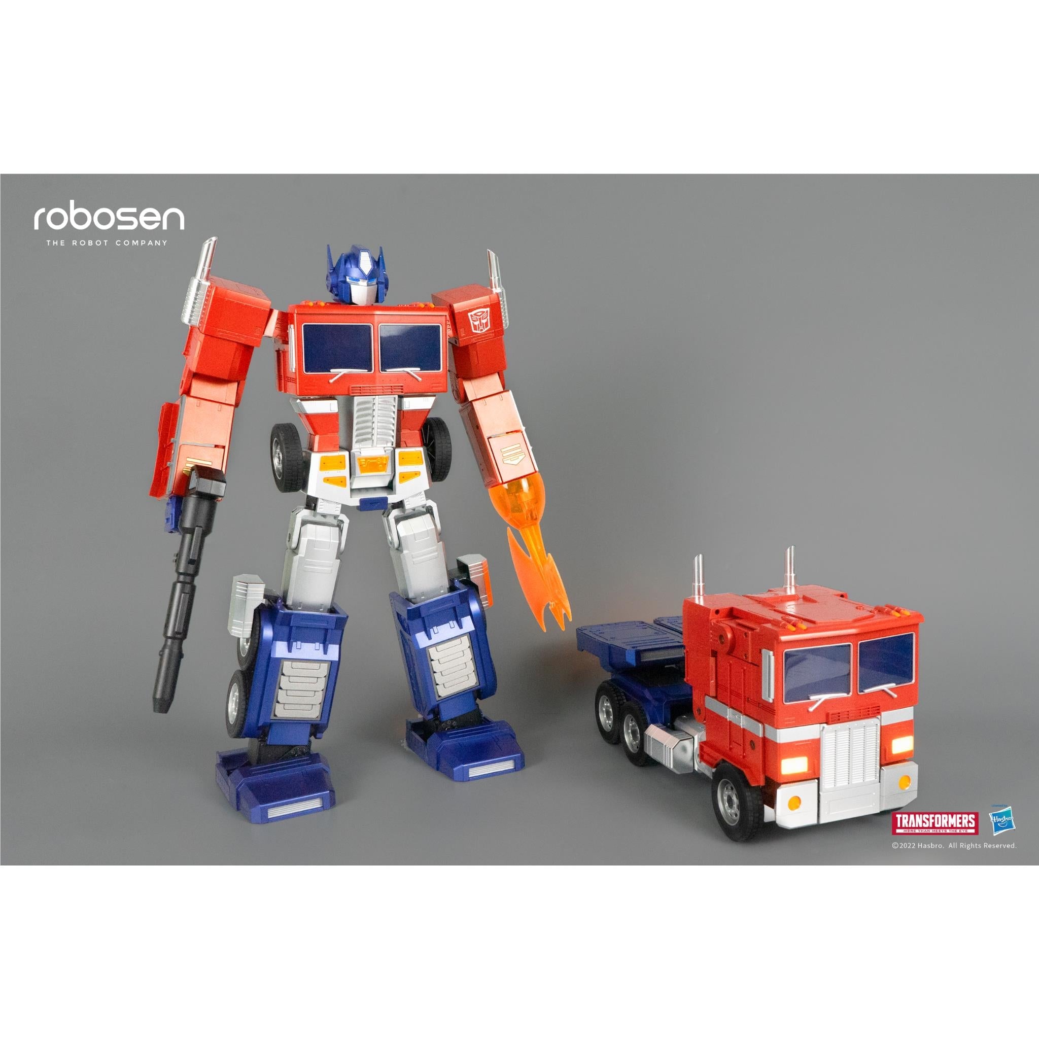 Optimus Prime robot with included truck accessory, red cab and blue accents