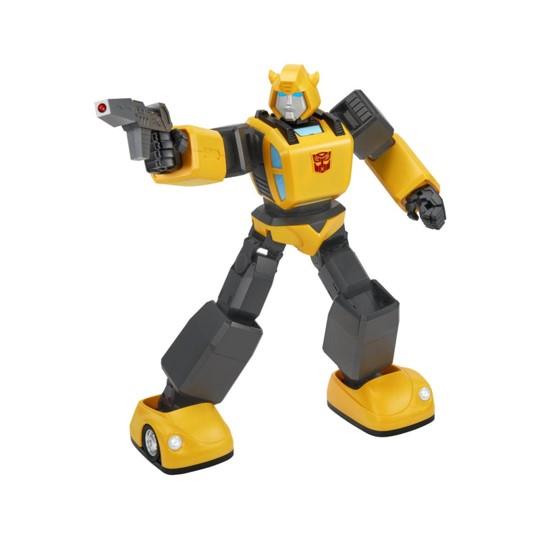 Bumblebee transformer robot collectible, yellow and black, one arm raised pose