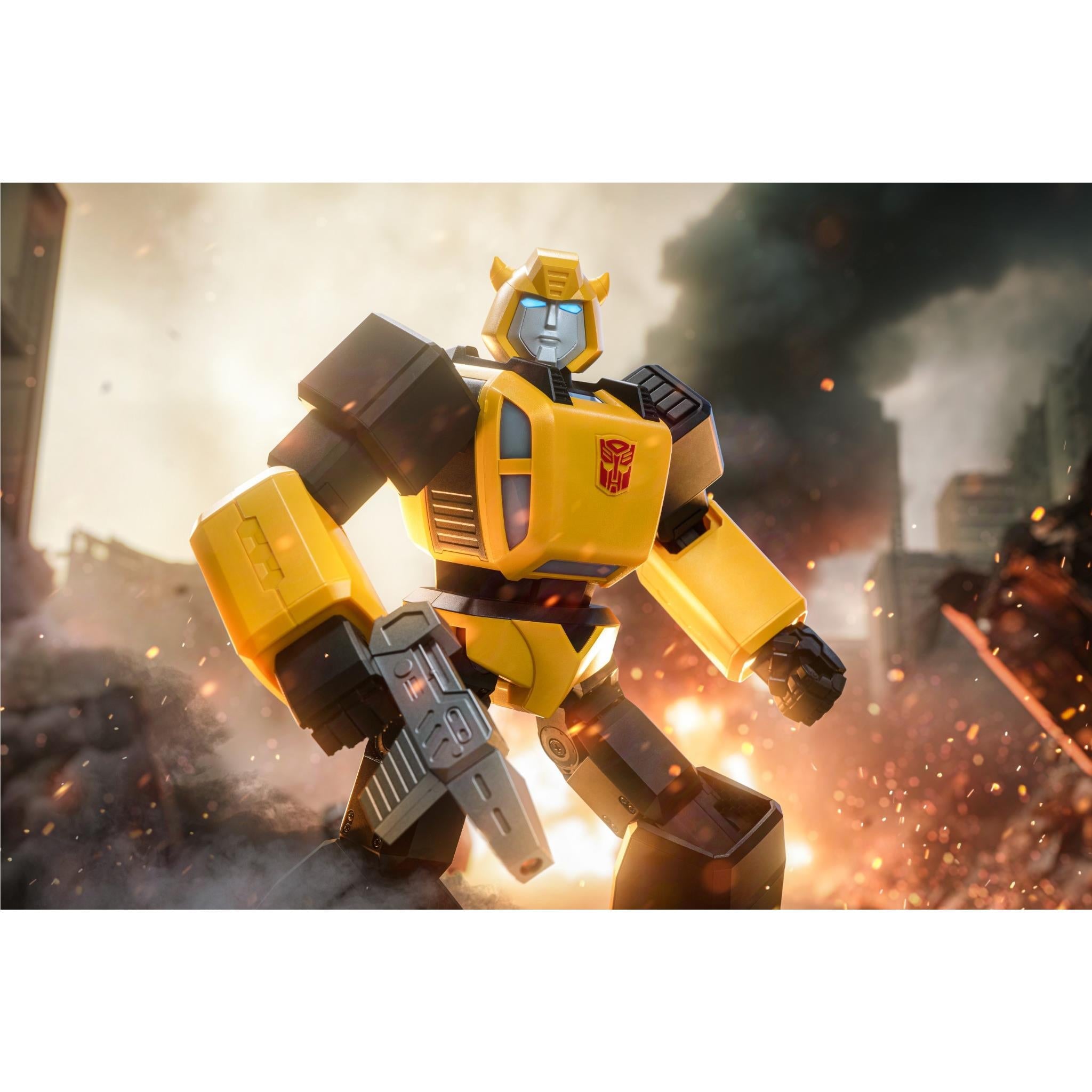 Bumblebee transformer robot figure, yellow and black, dynamic raised-fist pose