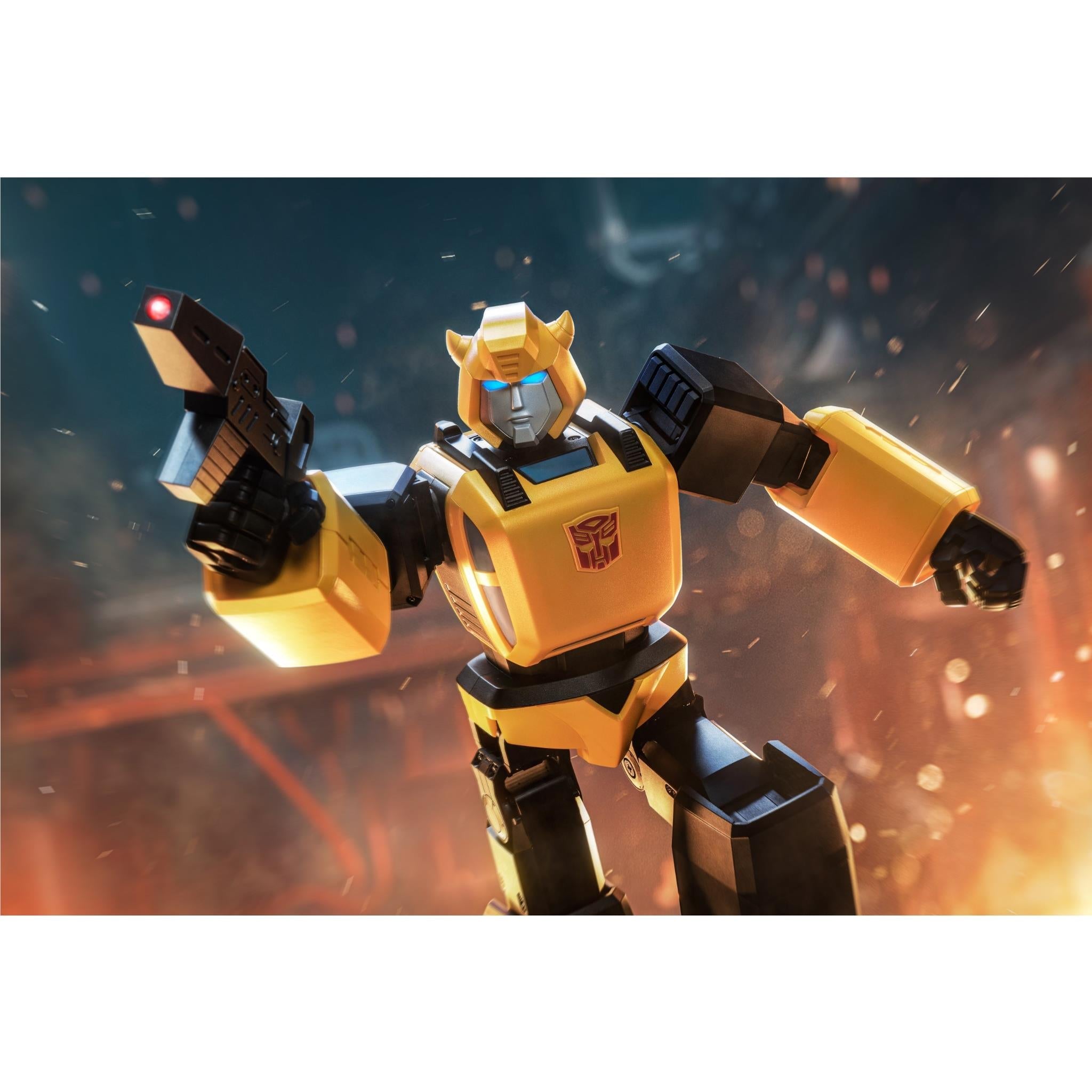 Bumblebee transformer robot figure, yellow and black, arms outstretched
