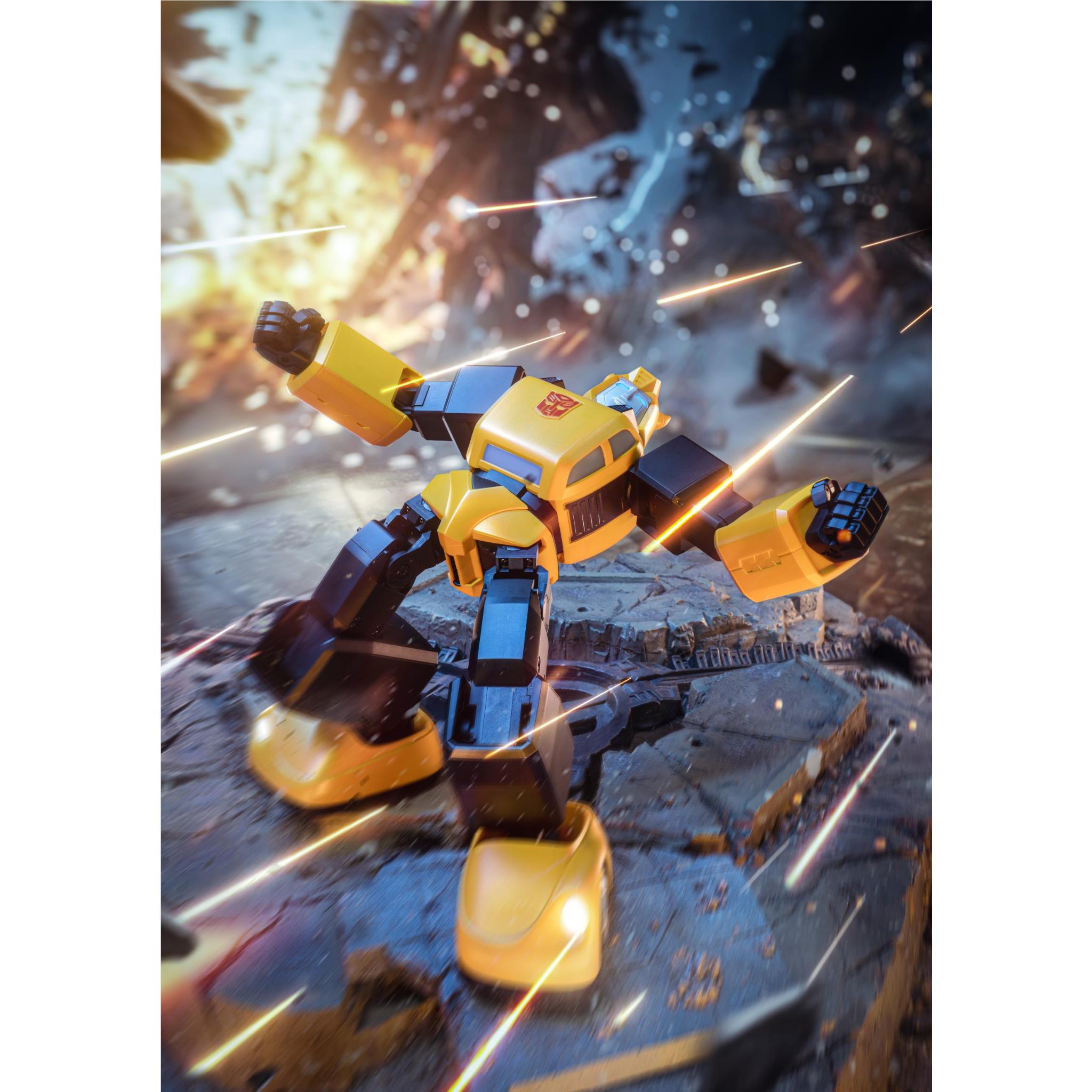 Bumblebee transformer robot figure, yellow and black, mid-action twisting pose