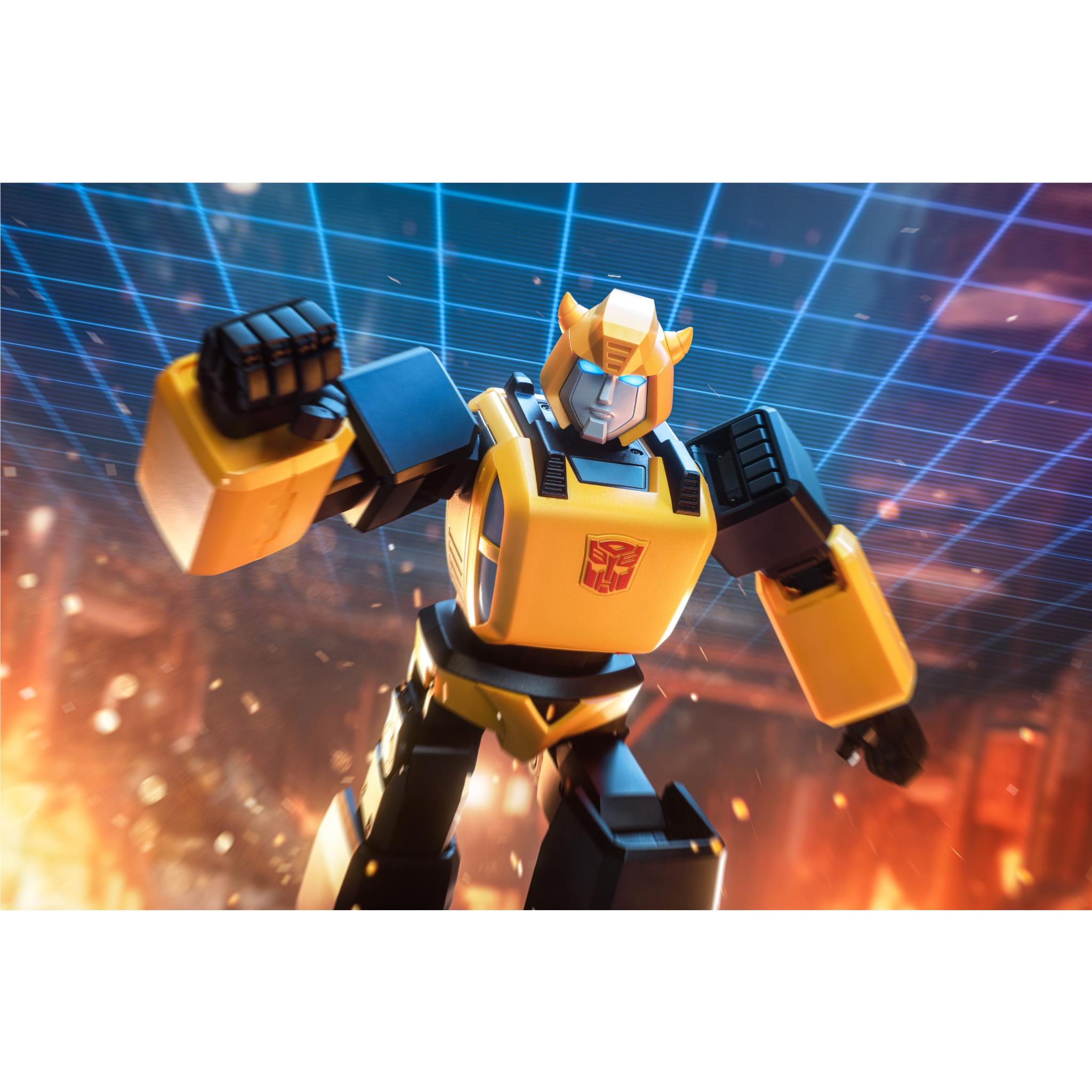 Bumblebee transformer robot figure, yellow and black, standing angled with arm up