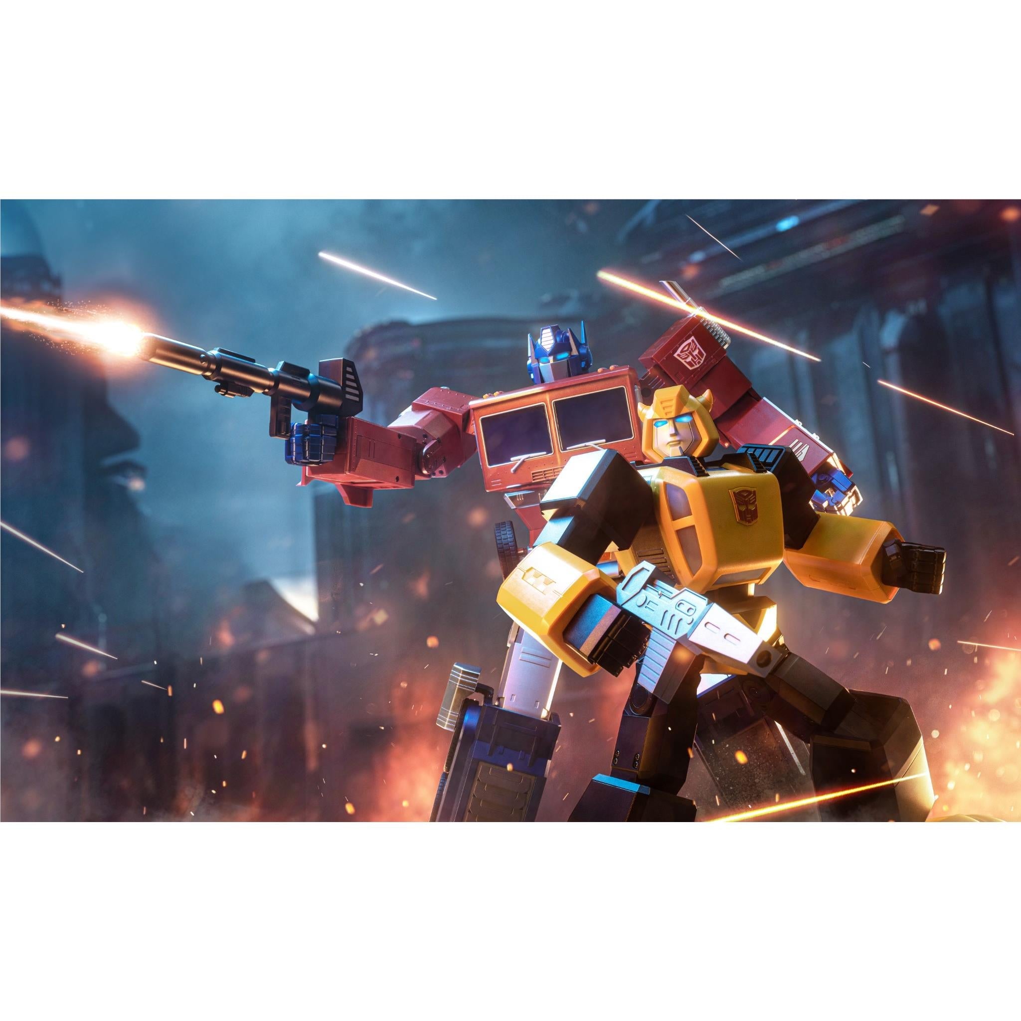 Transformer robot collectible with red and yellow mechs battling, Bumblebee on right