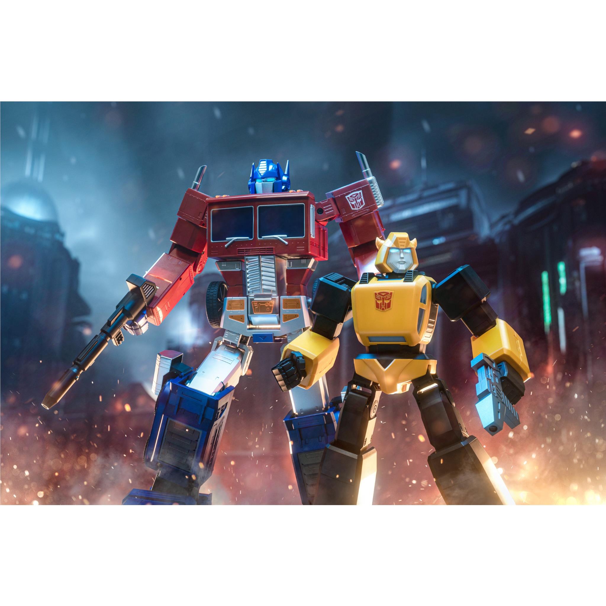 Bumblebee transformer robot figure, yellow and black, with blue-and-red robot behind