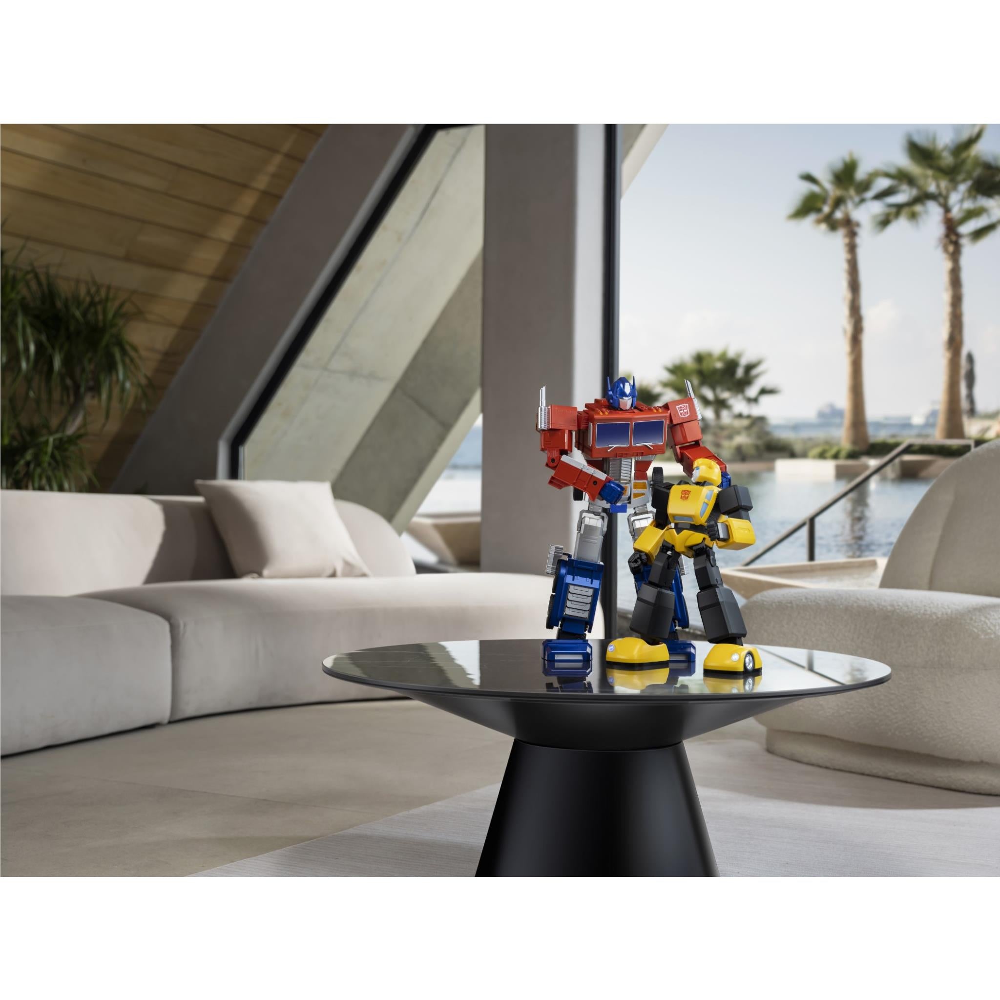 Yellow and black Bumblebee transformer robot on round table in living room