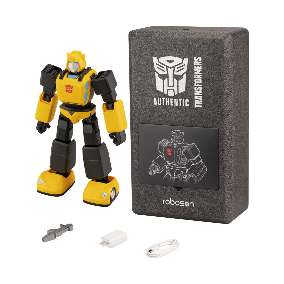 robosen Bumblebee transformer collectible box with robot, cable, and small parts