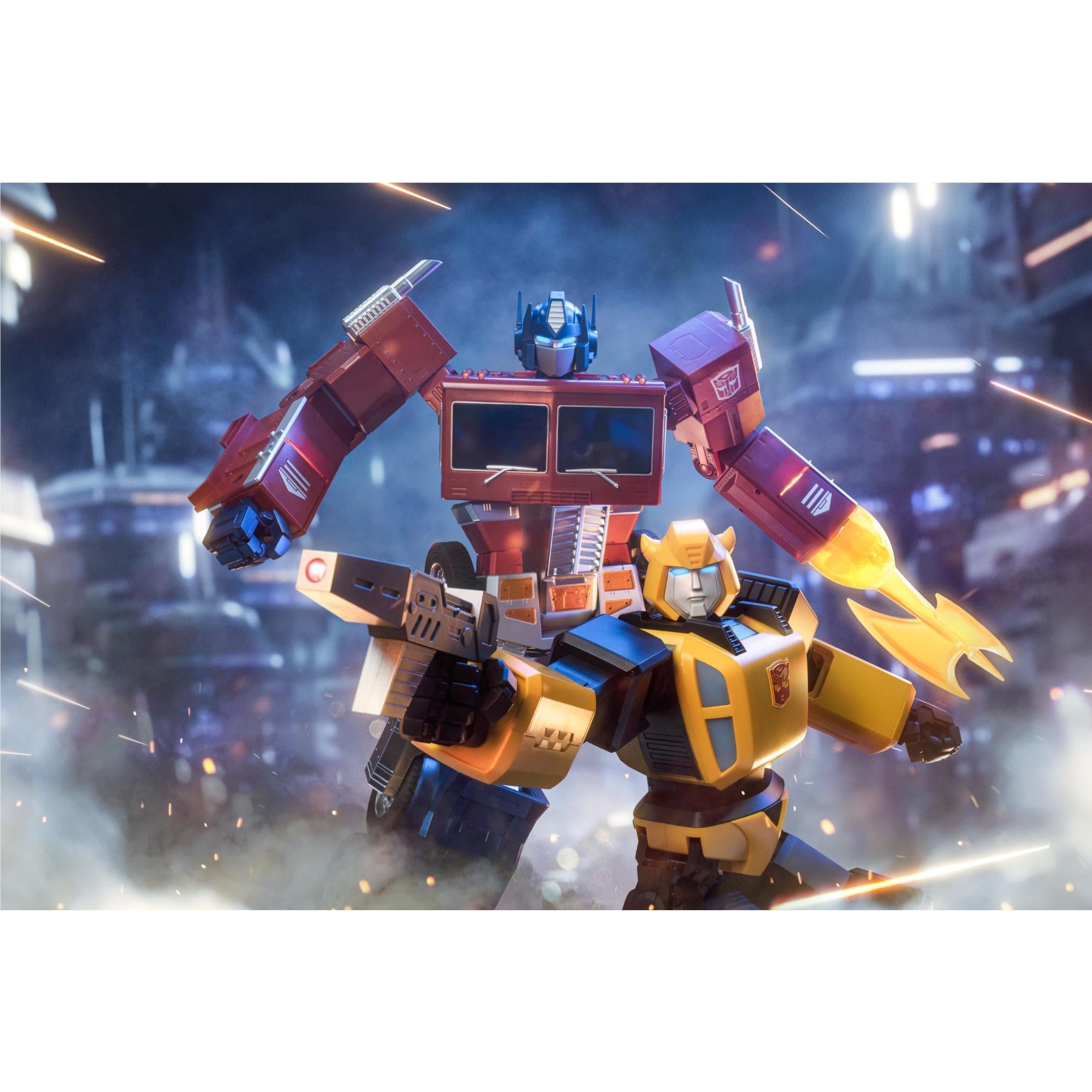 Bumblebee transformer robot collectible, yellow with black and blue accents, action pose