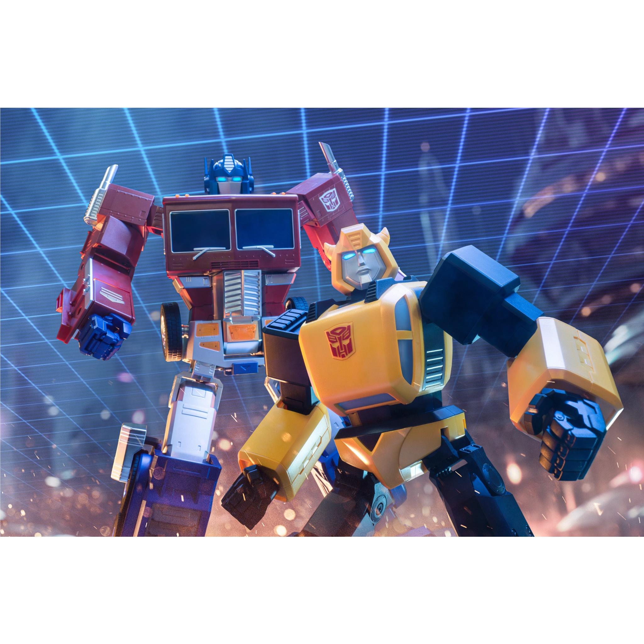 Bumblebee transformer robot collectible, yellow and black body with dark-blue parts, angled