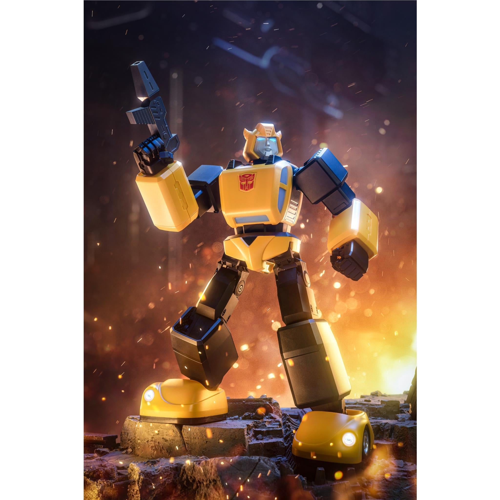 Bumblebee transformer robot collectible on base, yellow and black, sparks in scene
