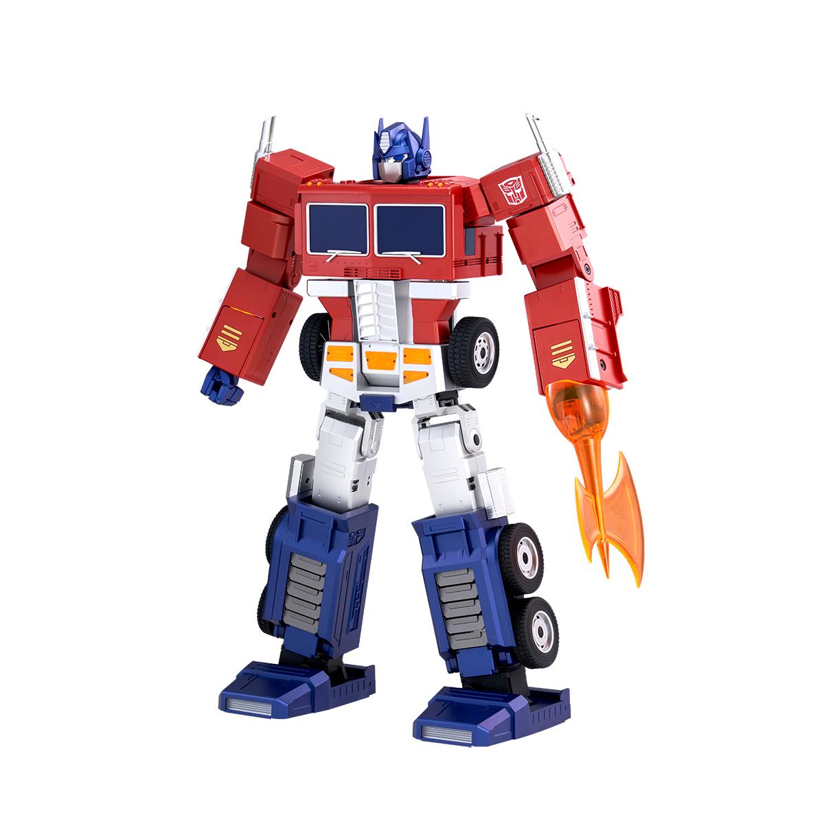 Transforming robot toy with red and blue armor, blue head, and white chest plating