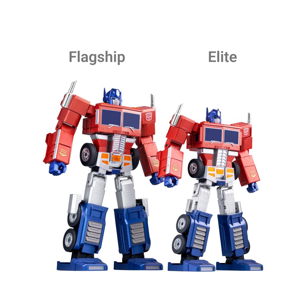 Two red and blue transforming robot figures, front views with blue feet