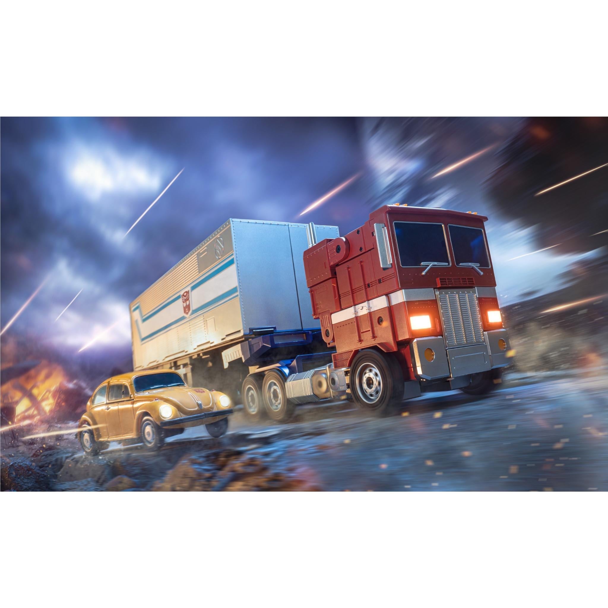 Robosen Transformers Optimus Prime robot toy in truck mode, red and gray