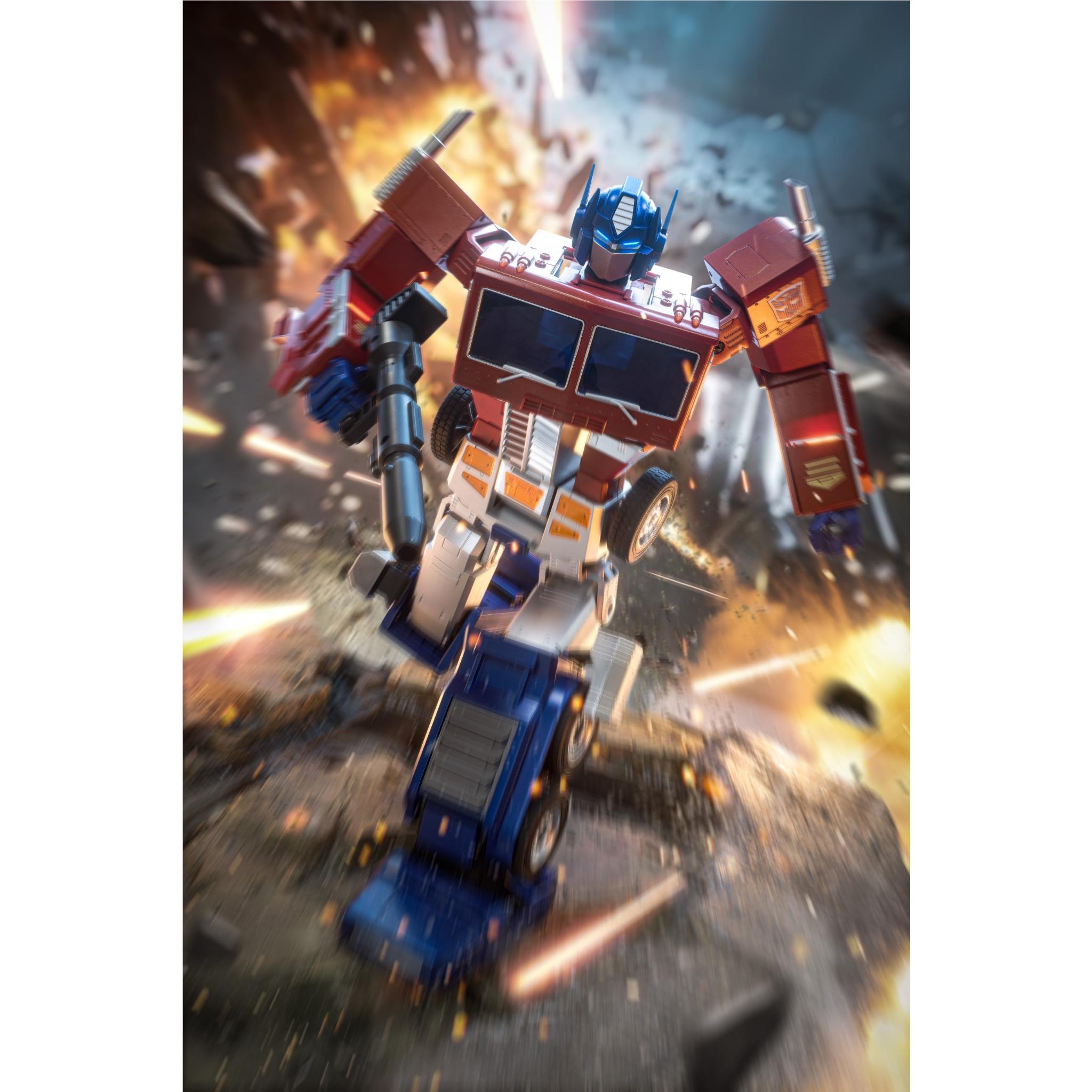 Robosen Transformers Optimus Prime robot toy, front view with blue head