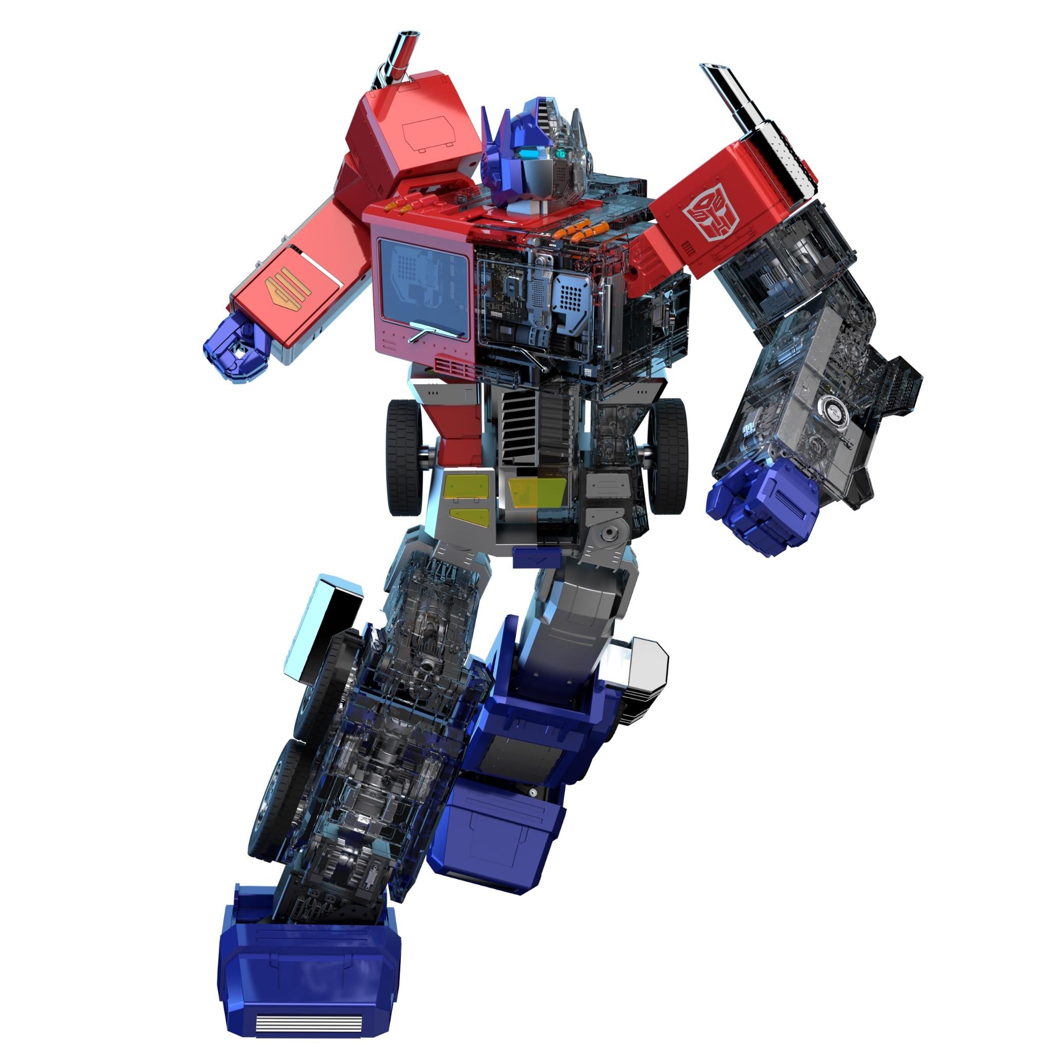 Robosen Transformers Optimus Prime robot toy, detailed robot form with blue accents