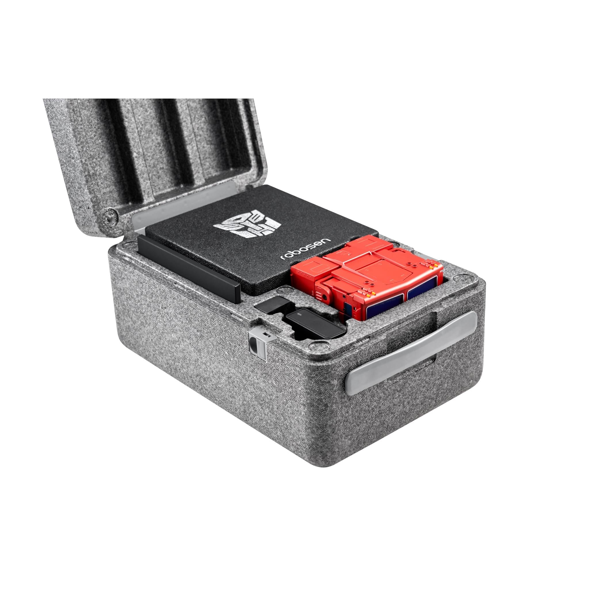 Robosen Transformers carry case open, black base with red accessory inside