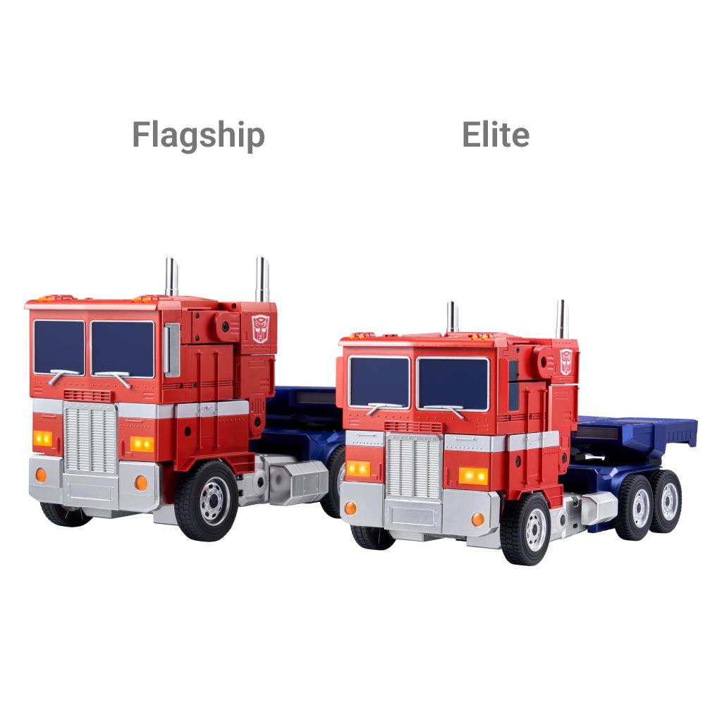 Red and blue transforming robot truck mode with cab doors, grille, and wheels