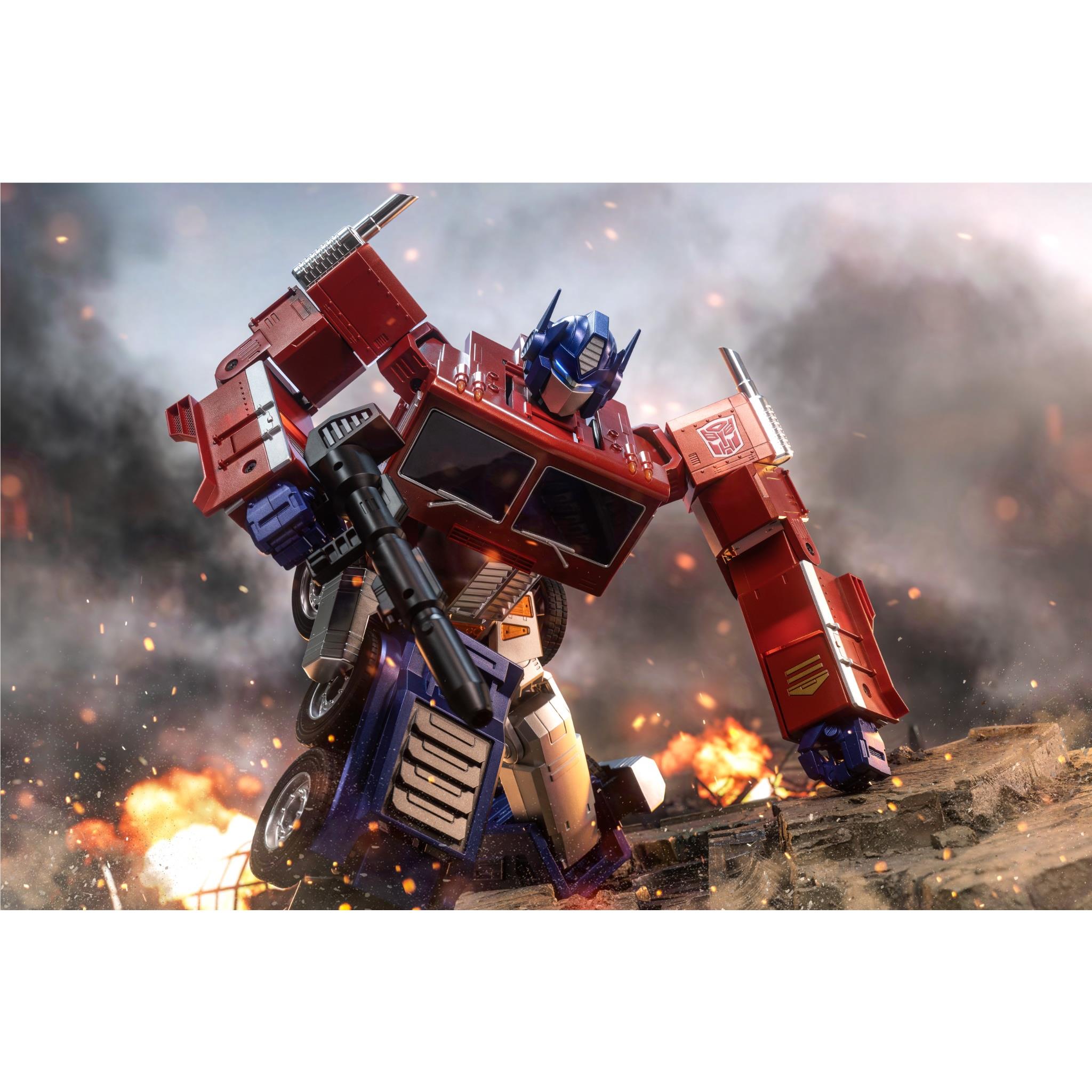 Red and blue transforming robot figure in a dynamic pose with raised arm