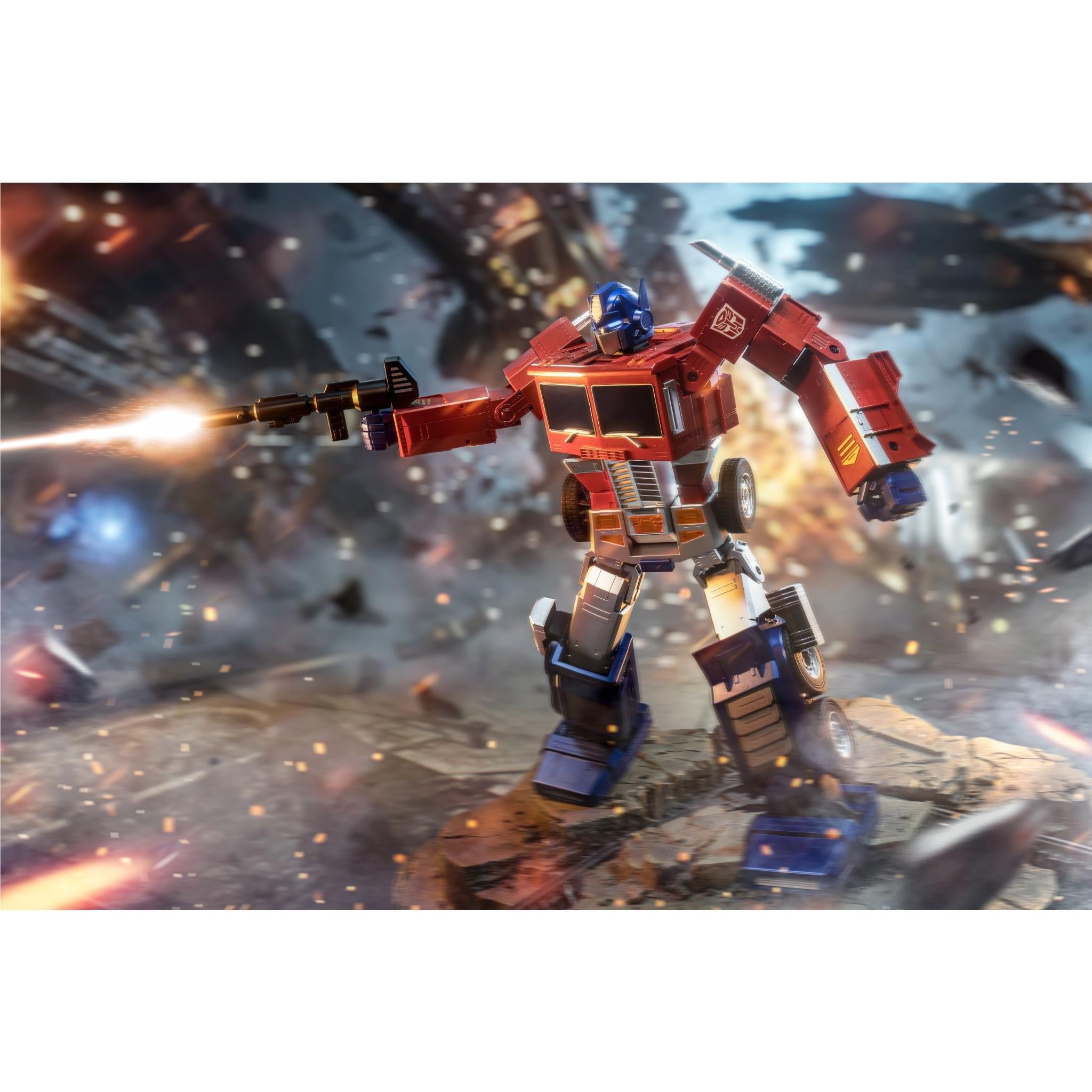 Red and blue transforming robot figure with extended cannon-like arm