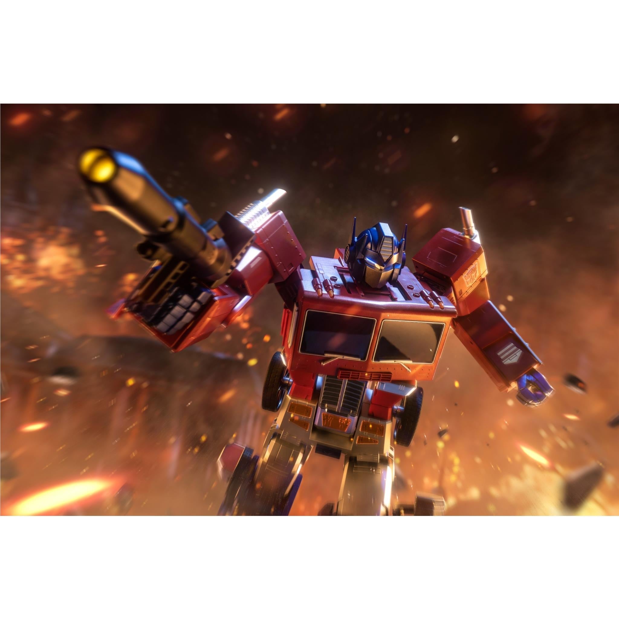 Red and blue transforming robot toy in a forward midair pose