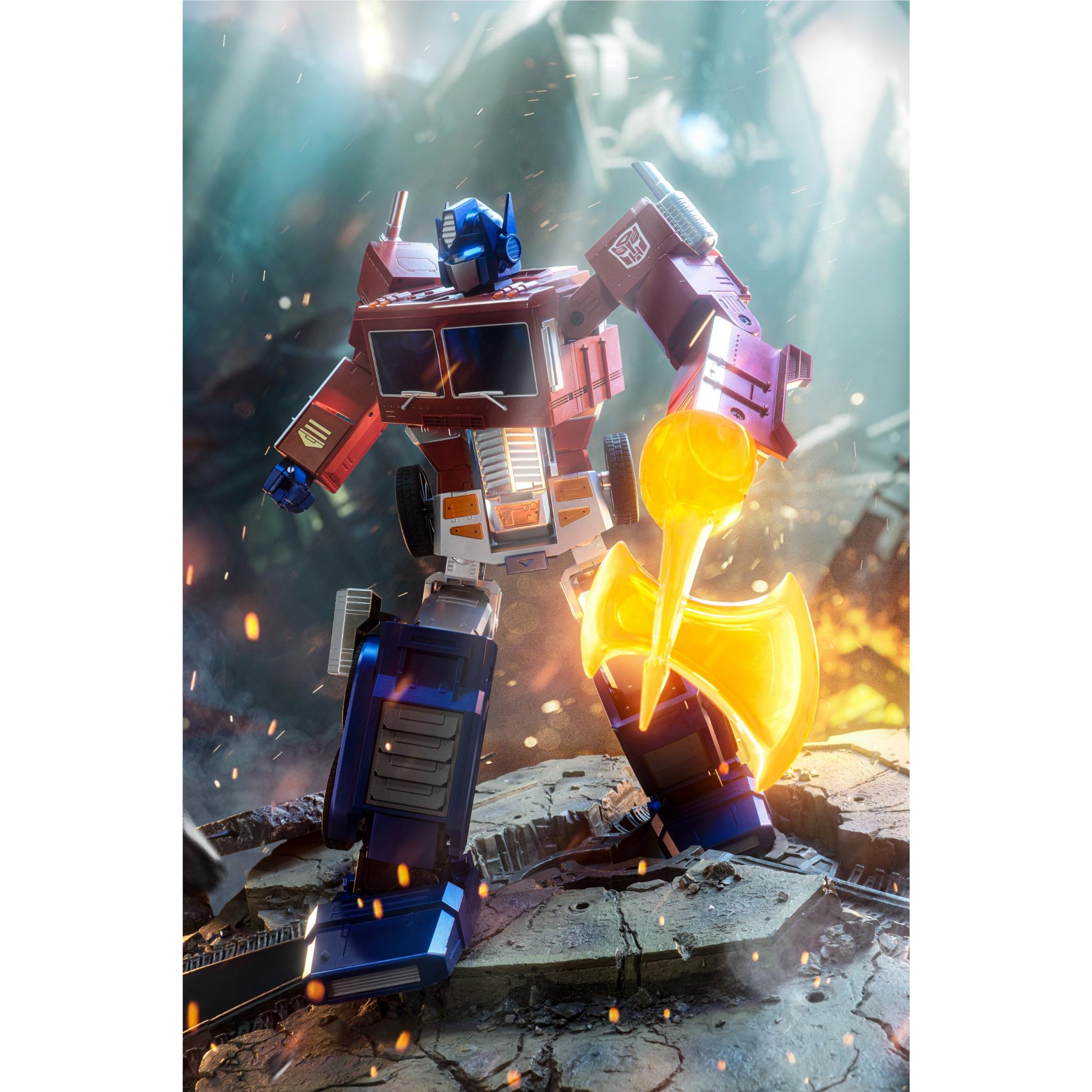 Red and blue transforming robot figure with glowing orange energy effect