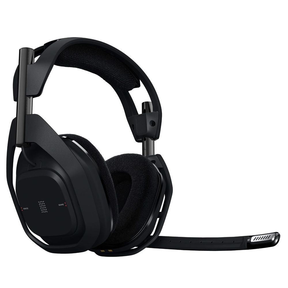 Graphite wireless gaming headset side view; black ear pads and extended mic boom