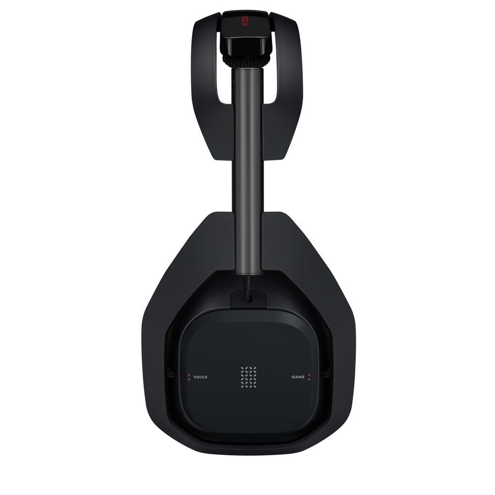 Wireless gaming headset docking base with stand; matte black lower module and indicators