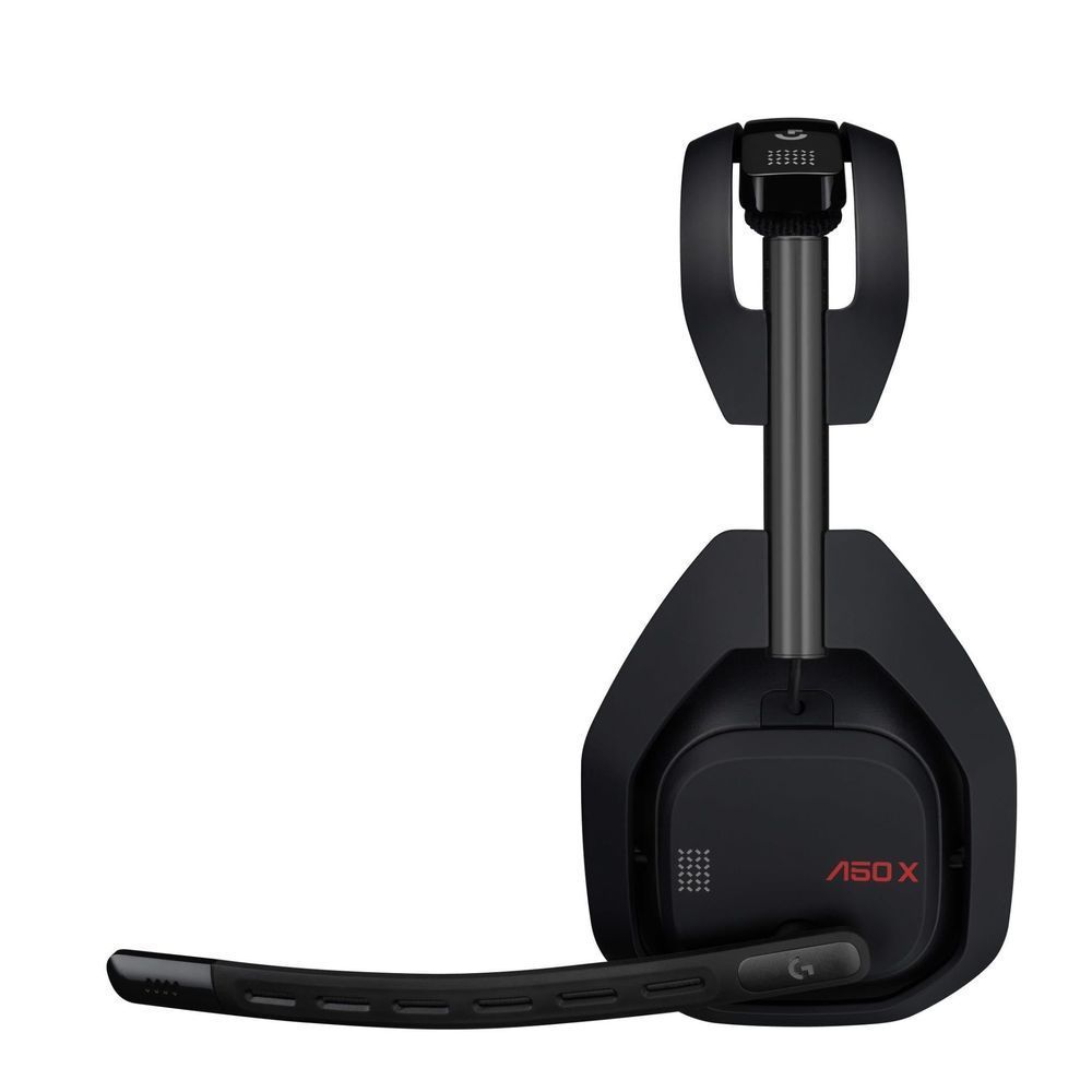 Wireless gaming headset on docking stand; graphite ear cup and microphone boom