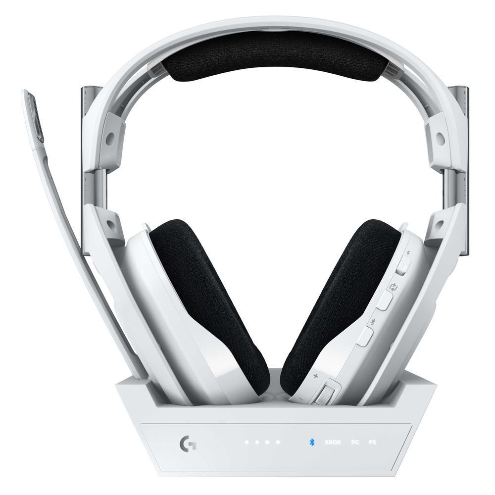 White wireless gaming headset with black ear pads and visible side buttons on base.