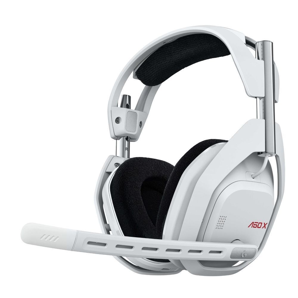 White wireless gaming headset showing black headband pad and side earcup controls.
