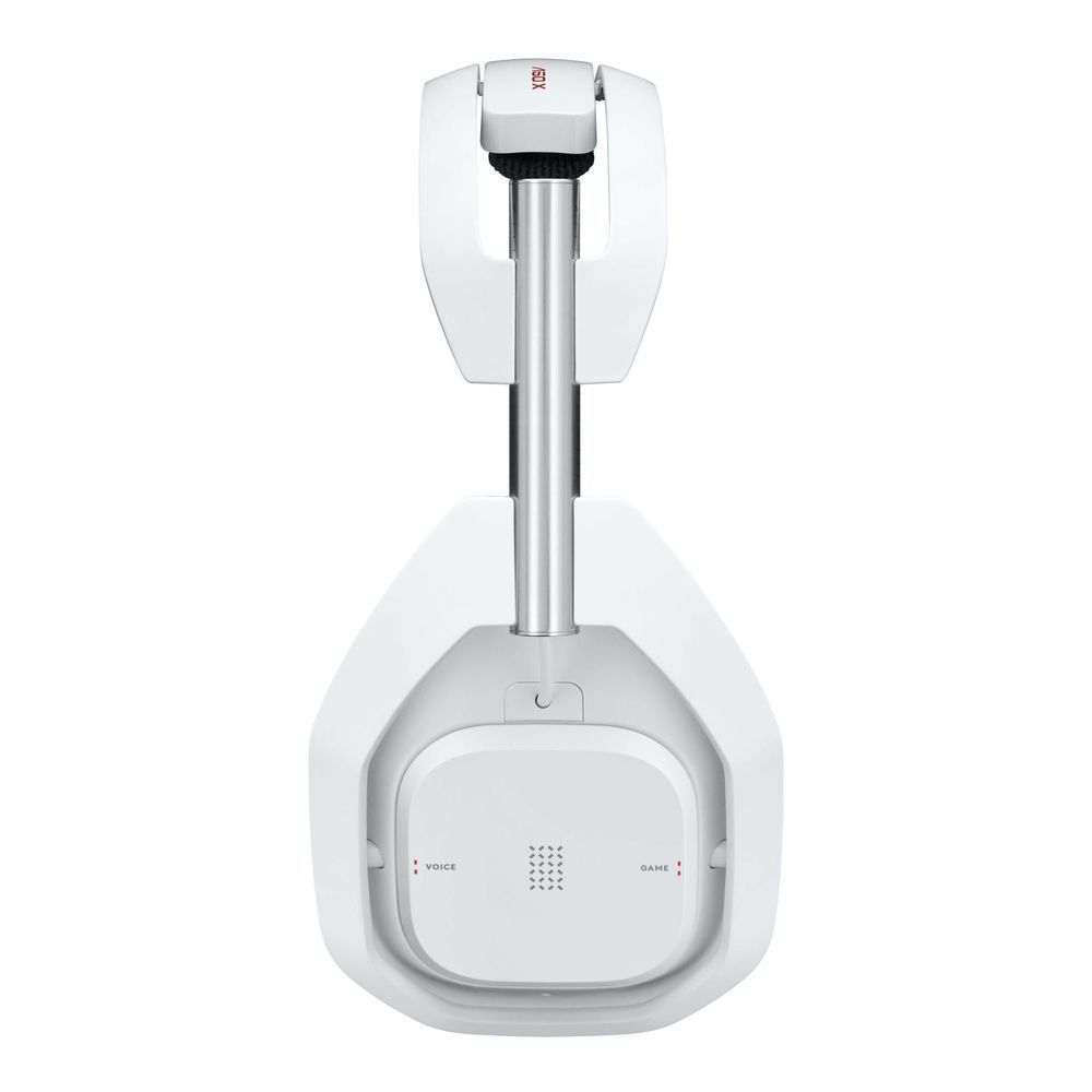 White charging base for wireless gaming headset with stand and connector panel.