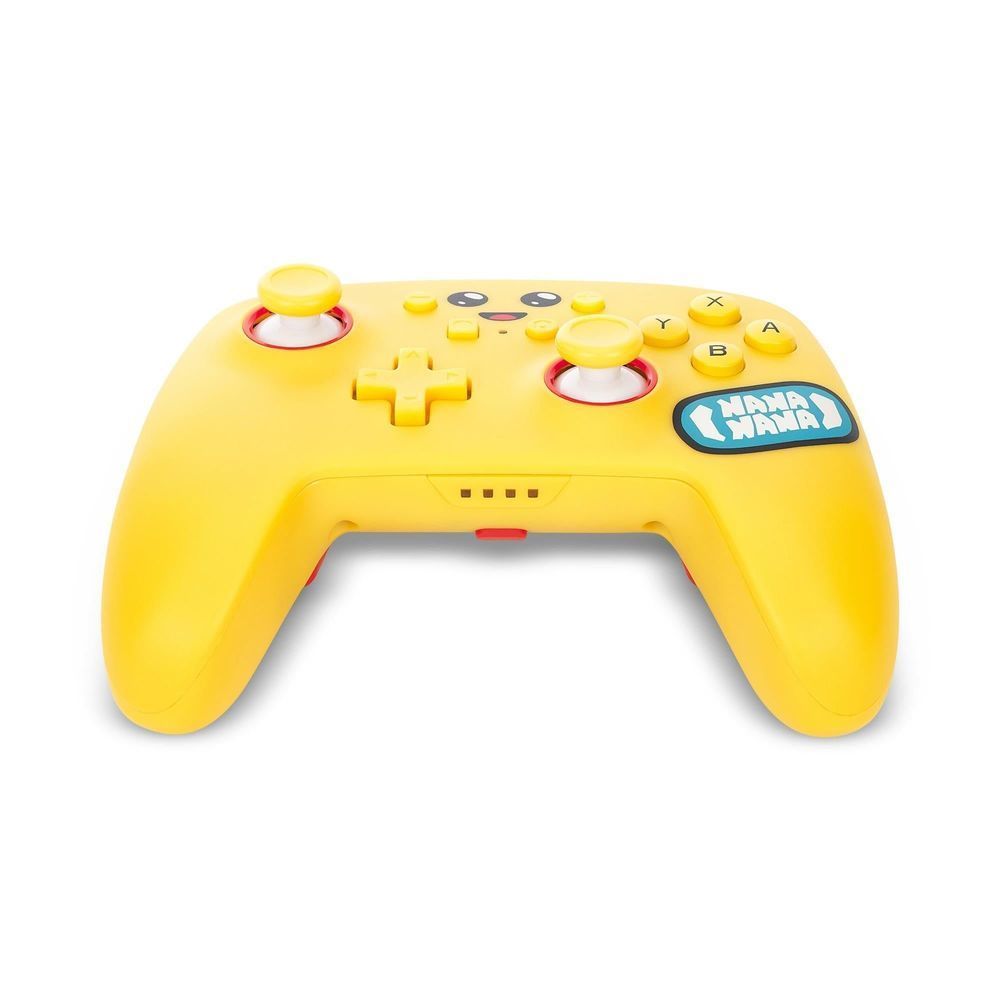 Yellow wireless game controller top view with analog sticks, cross D-pad, and Nana Nana sticker