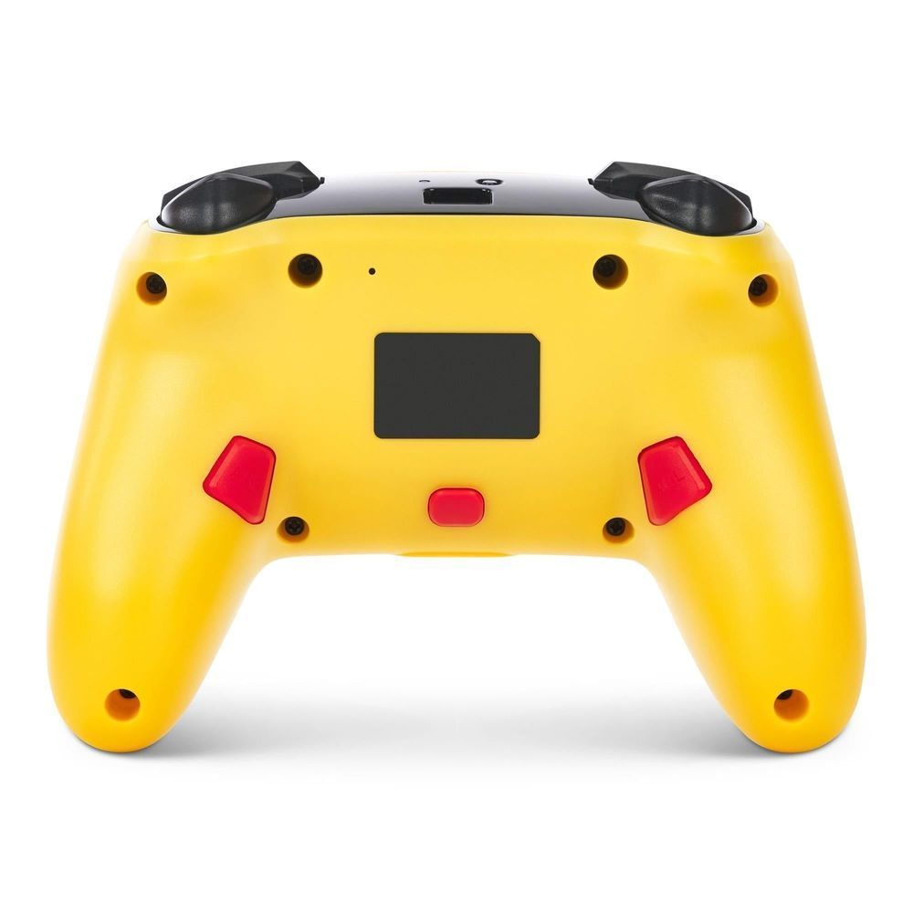 Yellow wireless game controller back view with black grips and ventilation ports