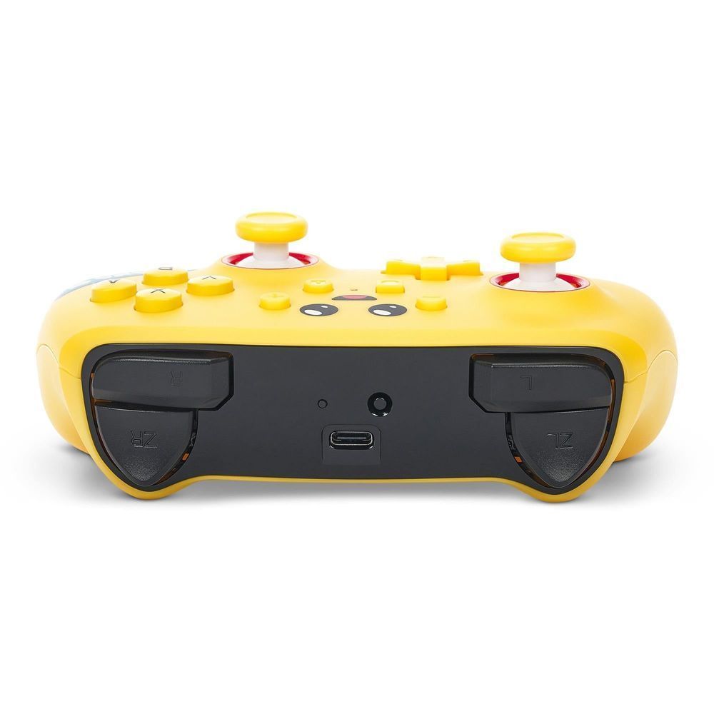 Yellow wireless game controller bottom view with two large black back grips and ports