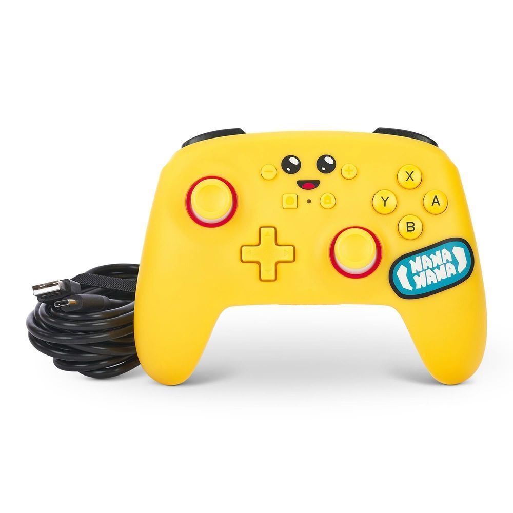 Yellow wireless game controller front view with face graphic, ABXY buttons, and cable