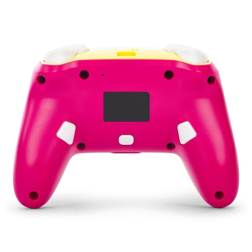 Hot pink wireless game controller back with black touchpad and side grip bumps