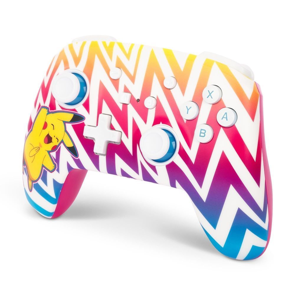 White Pikachu wireless game controller with zigzag pattern and blue-accented grip edges
