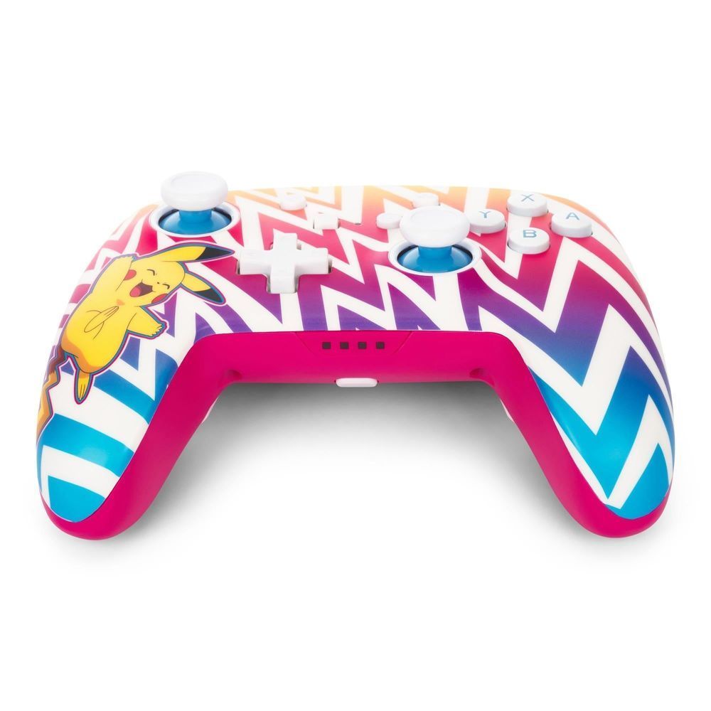 Wireless game controller with zigzag print, Pikachu artwork, and pink grip accents