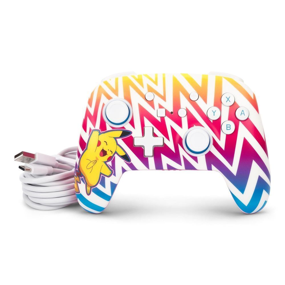 Wireless game controller with Pikachu zigzag design and white USB charging cable