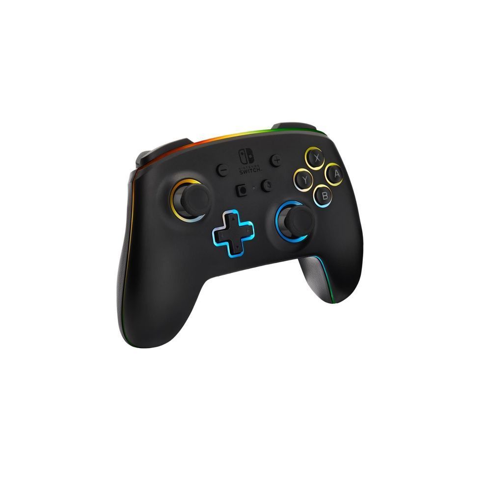 Wireless game controller, black shell with blue neon plus and multicolor top trim