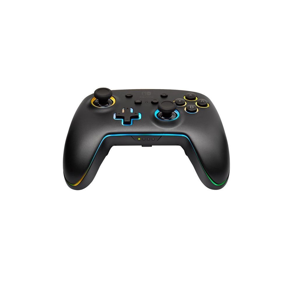 Wireless game controller front with glowing blue D-pad plus and colored ABXY buttons