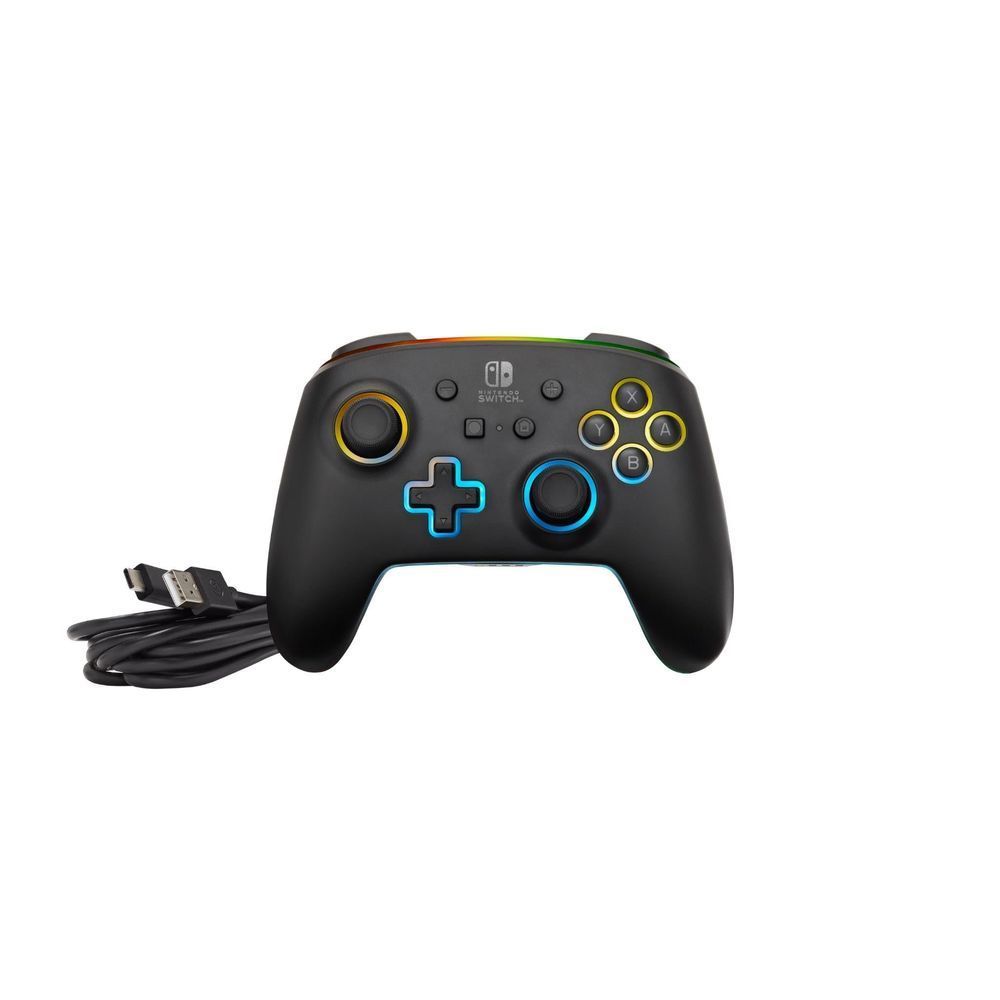 Wireless game controller with attached USB cable, black shell and blue neon D-pad