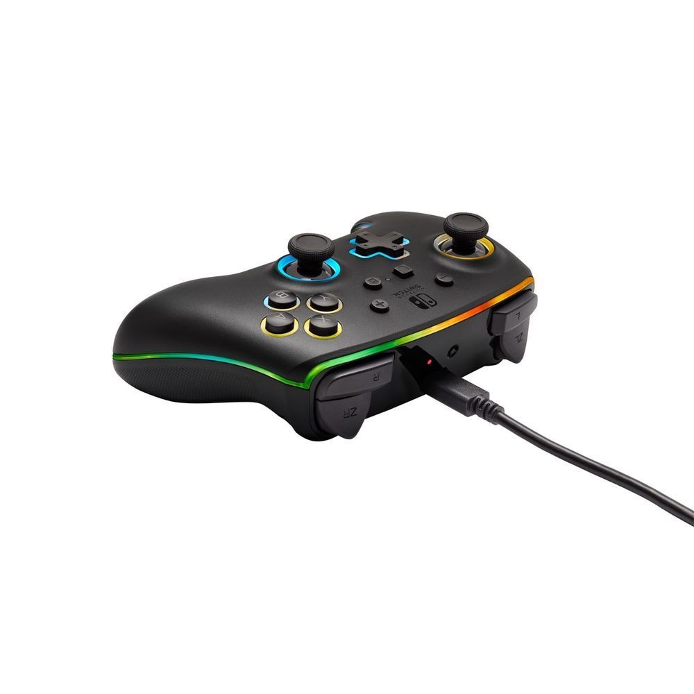 Wireless game controller with plugged cable, black grips, blue plus and colored trim