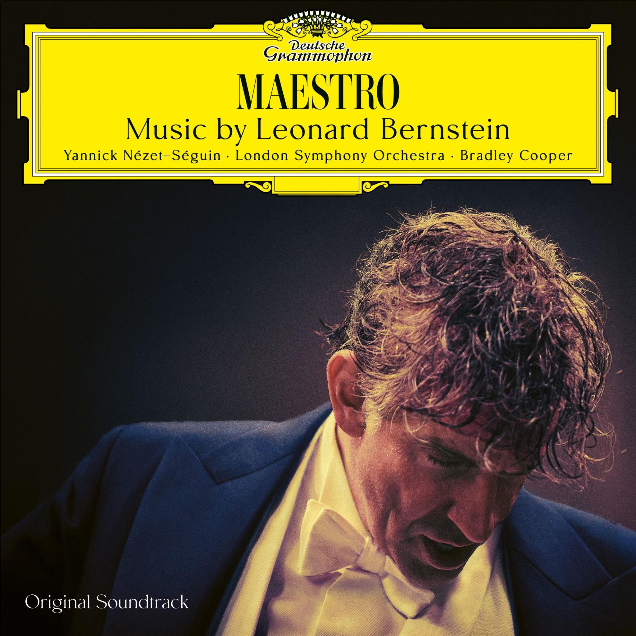 Music album cover with conductor in blue suit and white shirt, curly hair, text banner.