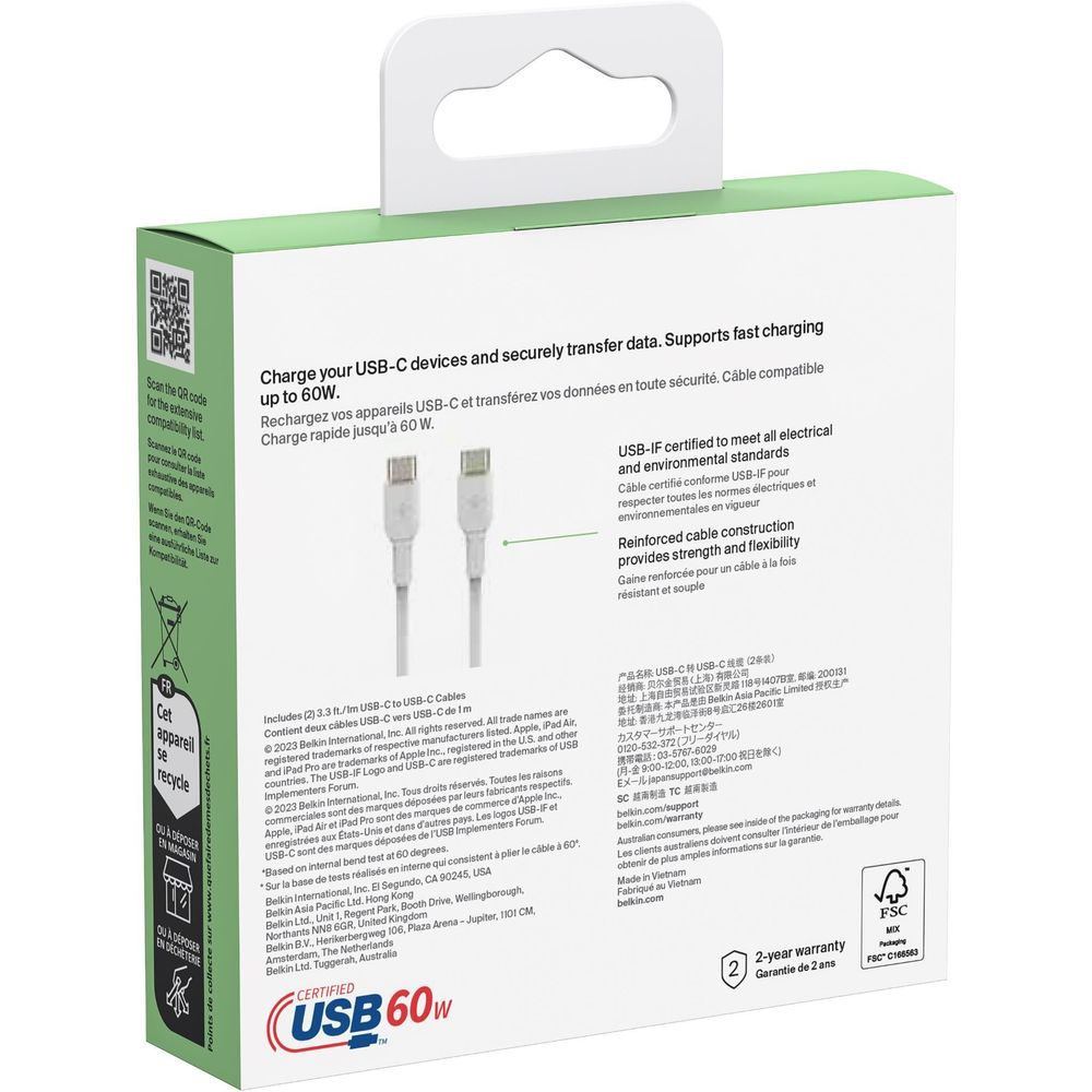 Belkin BoostCharge USB-C Cable (1m) [White] - 2 Pack